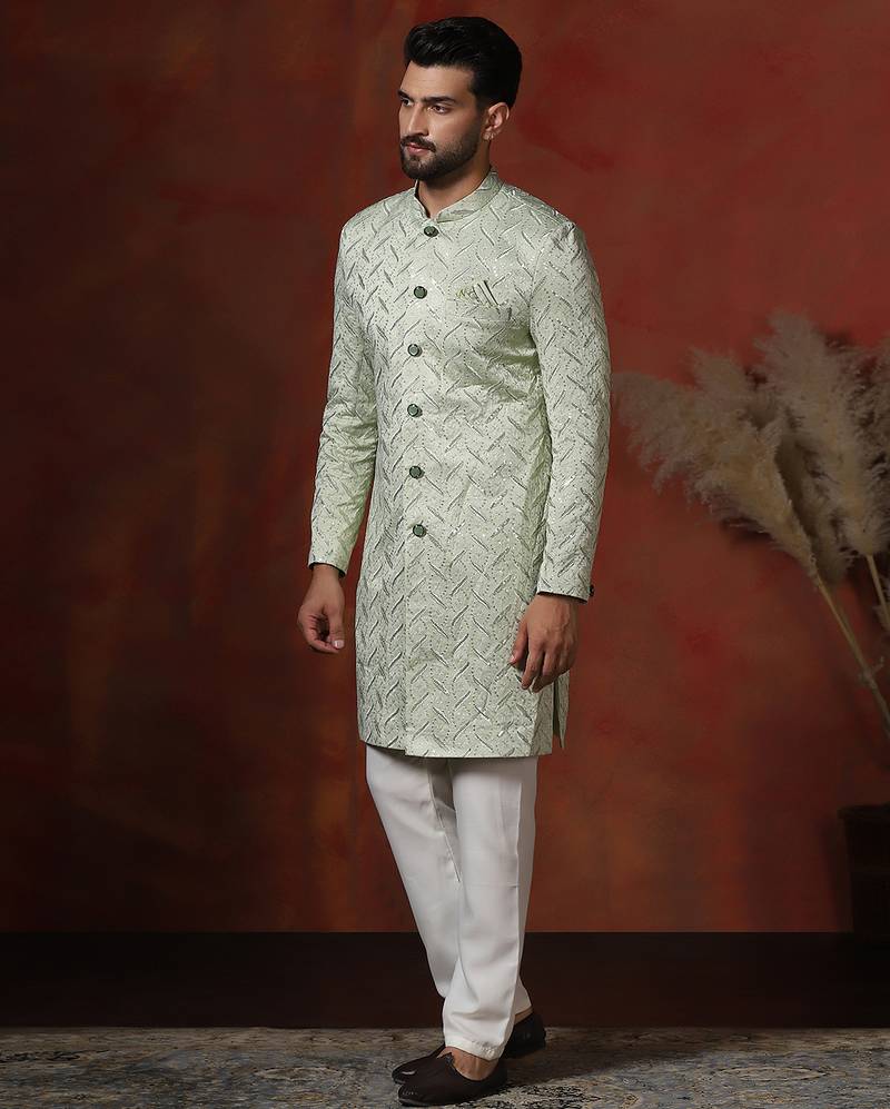 green jacquard blend indo western and pyjama set for men with embroidery work