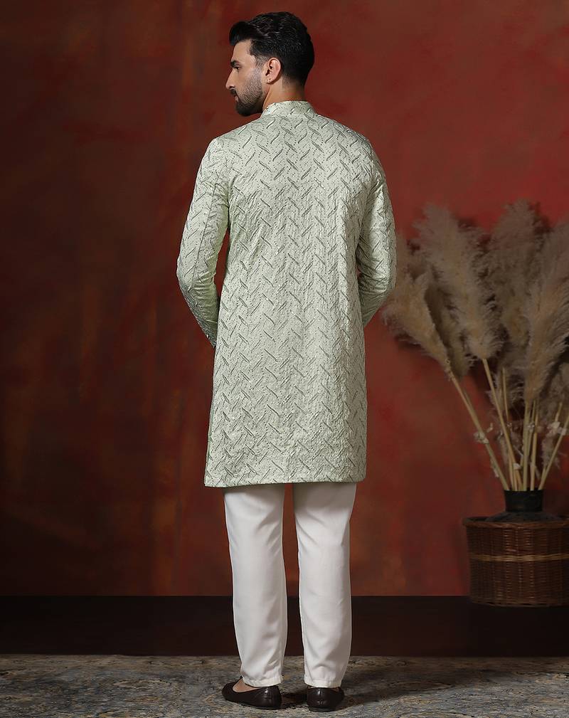green jacquard blend indo western and pyjama set for men with embroidery work