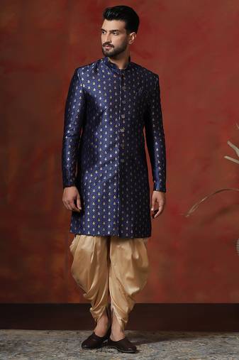 Navy blue jacquard blend indo western and dhoti set for men with printed design