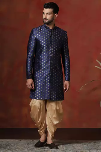 Navy blue jacquard blend indo western and dhoti set for men with printed design