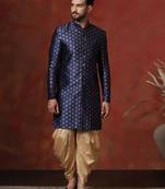 Navy blue jacquard blend indo western and dhoti set for men with printed design