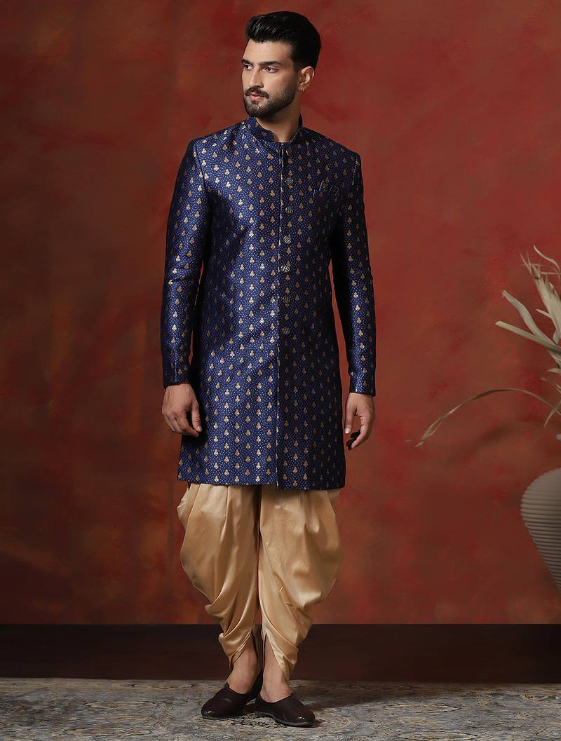 Navy blue jacquard blend indo western and dhoti set for men with printed design