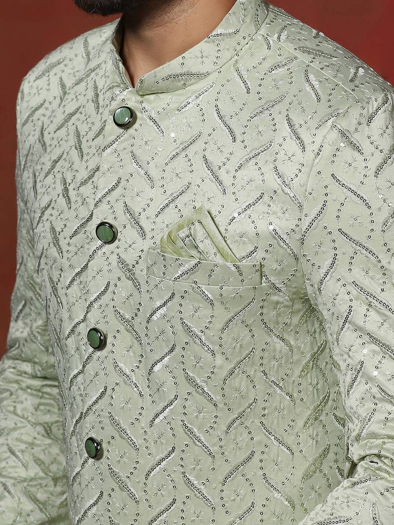 green jacquard blend indo western and pyjama set for men with embroidery work