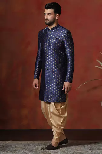 Navy blue jacquard blend indo western and dhoti set for men with printed design
