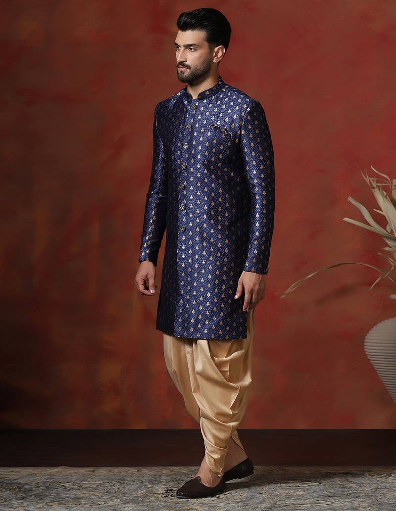 Navy blue jacquard blend indo western and dhoti set for men with printed design