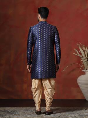 Navy blue jacquard blend indo western and dhoti set for men with printed design 3