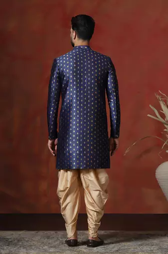 Navy blue jacquard blend indo western and dhoti set for men with printed design