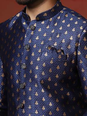 Navy blue jacquard blend indo western and dhoti set for men with printed design 4