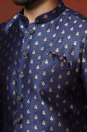 Navy blue jacquard blend indo western and dhoti set for men with printed design