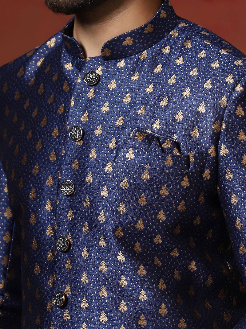 Navy blue jacquard blend indo western and dhoti set for men with printed design