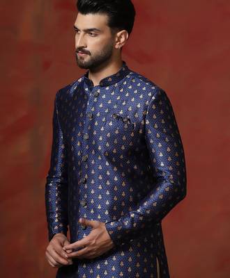 Navy blue jacquard blend indo western and dhoti set for men with printed design 5