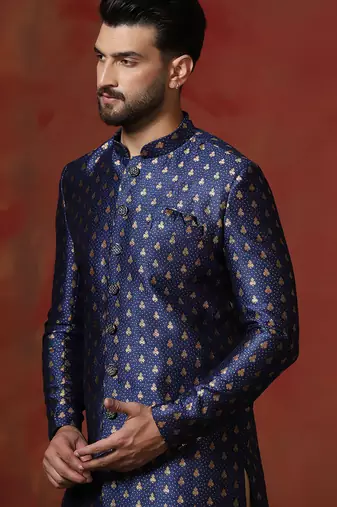Navy blue jacquard blend indo western and dhoti set for men with printed design
