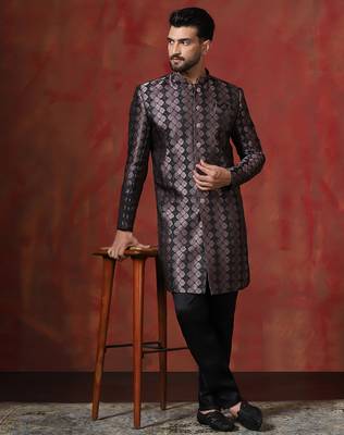 Black jacquard blend indo western and pyjama set for men with printed design 1