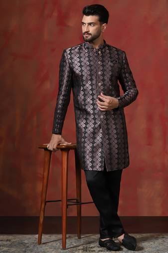 Black jacquard blend indo western and pyjama set for men with printed design