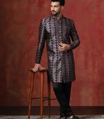 Black jacquard blend indo western and pyjama set for men with printed design