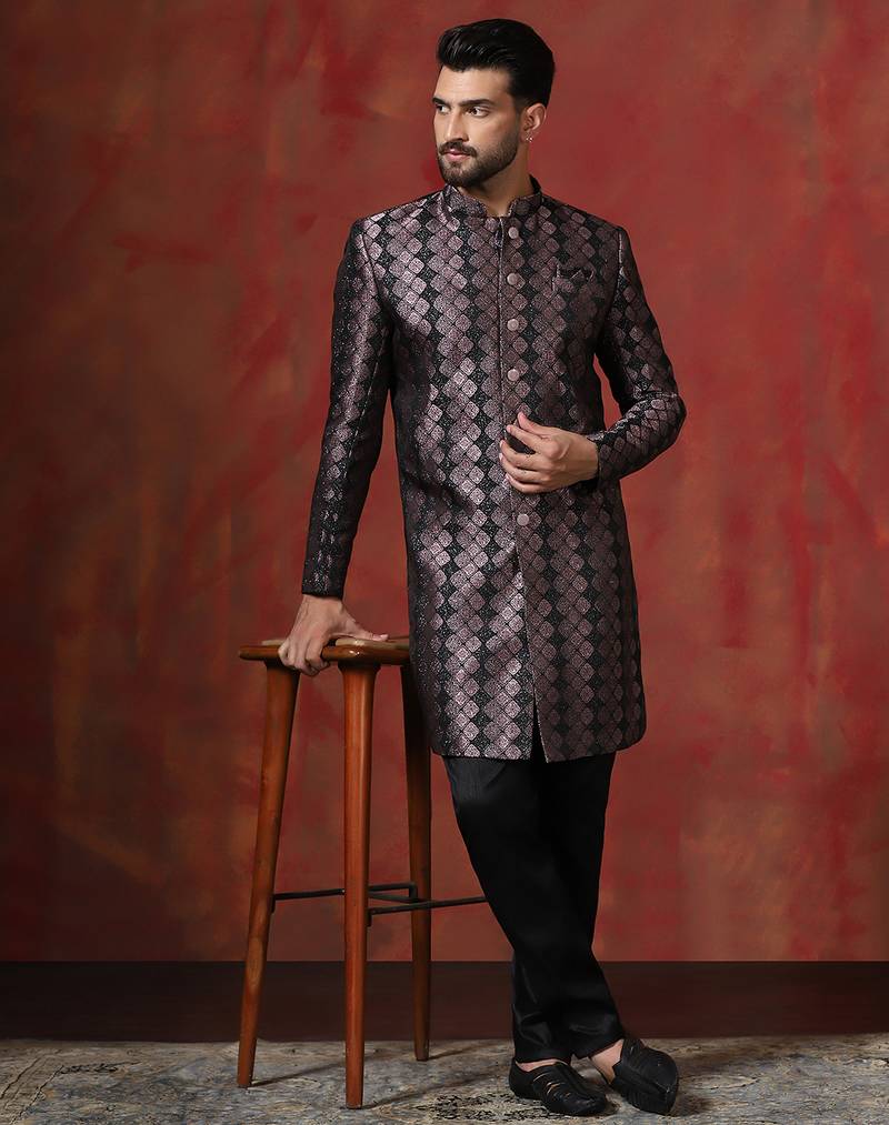 Black jacquard blend indo western and pyjama set for men with printed design