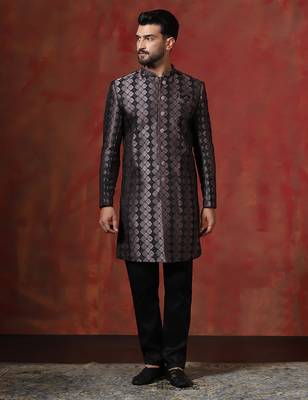 Black jacquard blend indo western and pyjama set for men with printed design 2