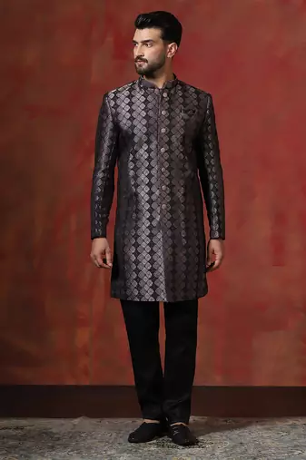 Black jacquard blend indo western and pyjama set for men with printed design