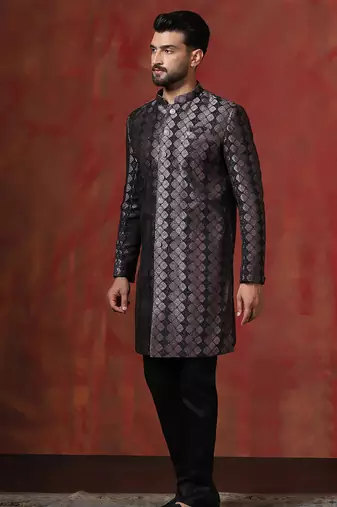 Black jacquard blend indo western and pyjama set for men with printed design