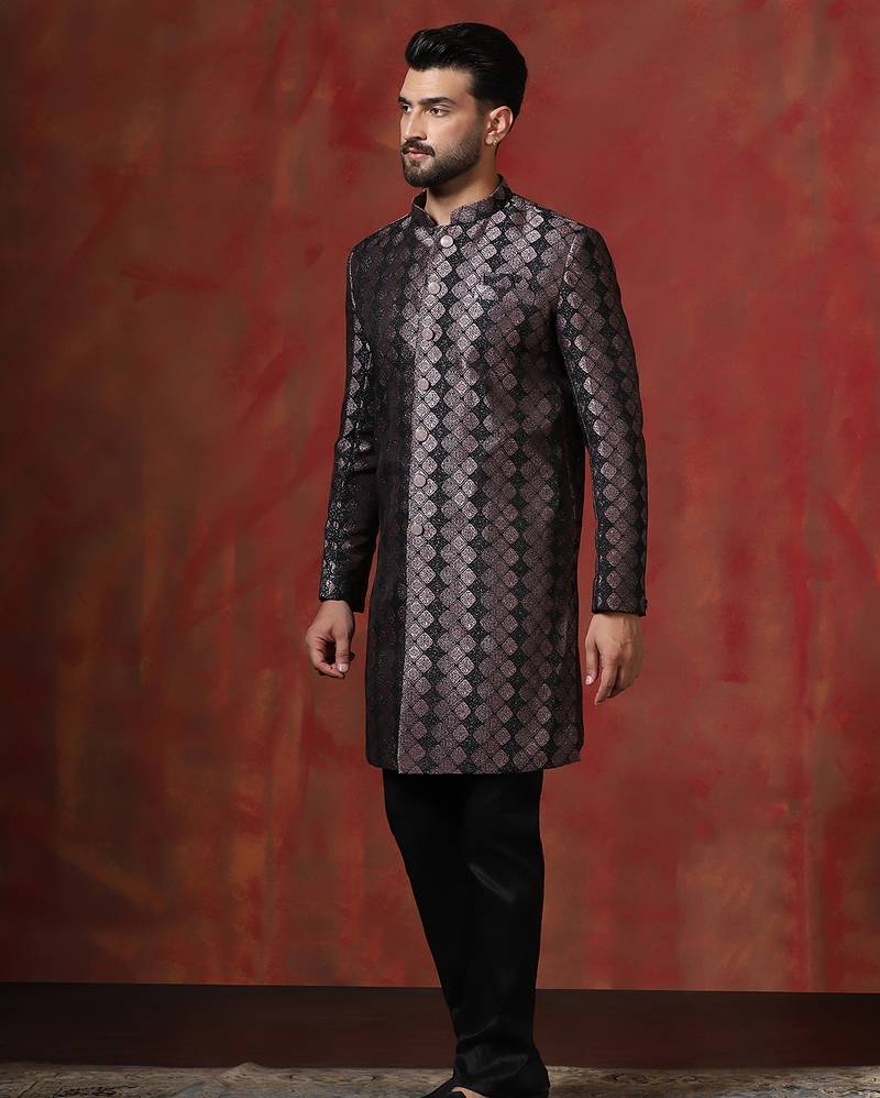 Black jacquard blend indo western and pyjama set for men with printed design