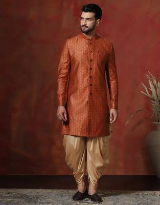orange jacquard blend indo western and dhoti set for men with printed design 1