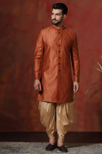 orange jacquard blend indo western and dhoti set for men with printed design