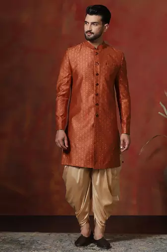 orange jacquard blend indo western and dhoti set for men with printed design