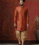 orange jacquard blend indo western and dhoti set for men with printed design