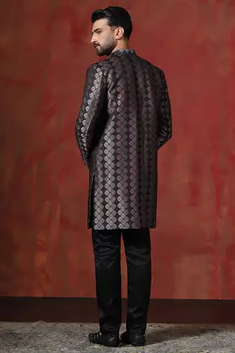 Black jacquard blend indo western and pyjama set for men with printed design