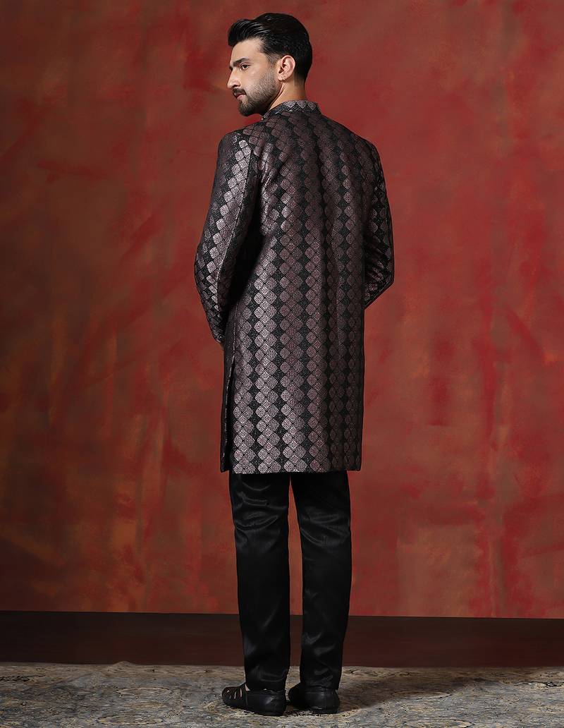 Black jacquard blend indo western and pyjama set for men with printed design
