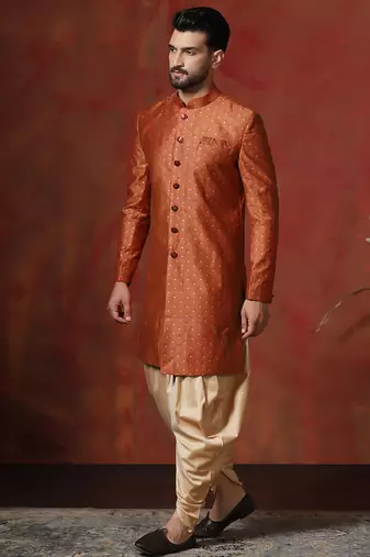 orange jacquard blend indo western and dhoti set for men with printed design