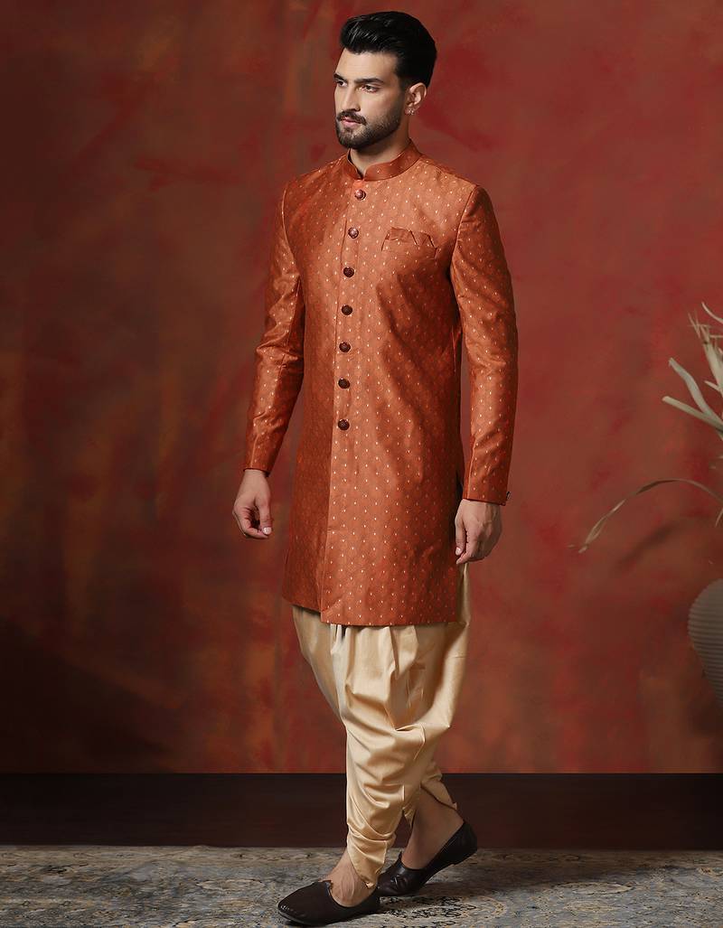 orange jacquard blend indo western and dhoti set for men with printed design