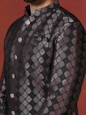 Black jacquard blend indo western and pyjama set for men with printed design 5