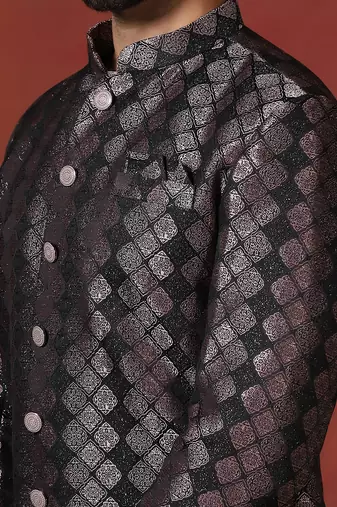 Black jacquard blend indo western and pyjama set for men with printed design