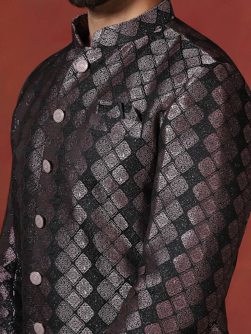 Black jacquard blend indo western and pyjama set for men with printed design