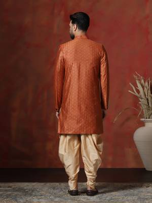 orange jacquard blend indo western and dhoti set for men with printed design 3