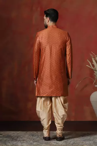 orange jacquard blend indo western and dhoti set for men with printed design