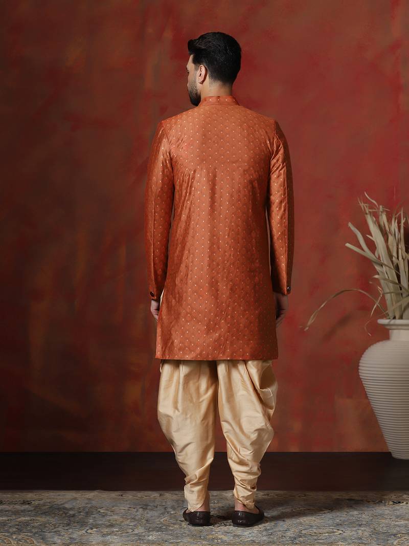 orange jacquard blend indo western and dhoti set for men with printed design