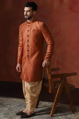 orange jacquard blend indo western and dhoti set for men with printed design