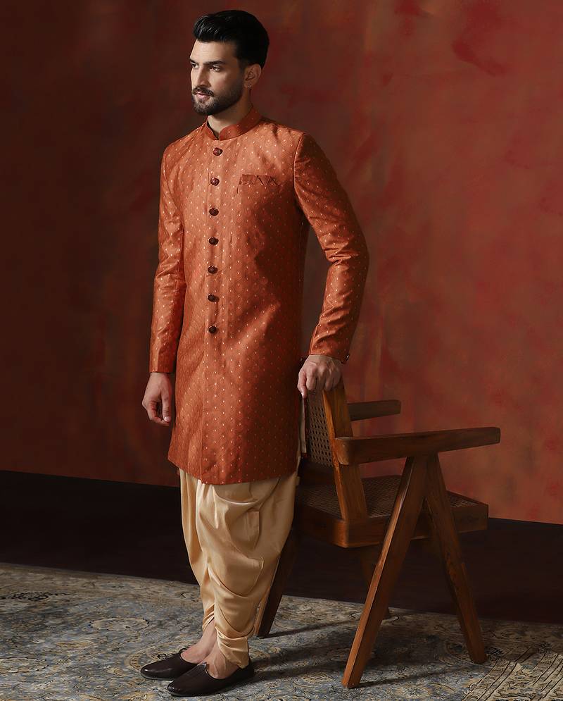 orange jacquard blend indo western and dhoti set for men with printed design