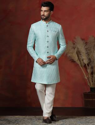 sky blue jacquard blend indo western and pyjama set for men with printed design 1