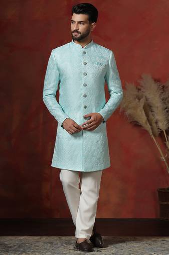 sky blue jacquard blend indo western and pyjama set for men with printed design