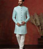 sky blue jacquard blend indo western and pyjama set for men with printed design