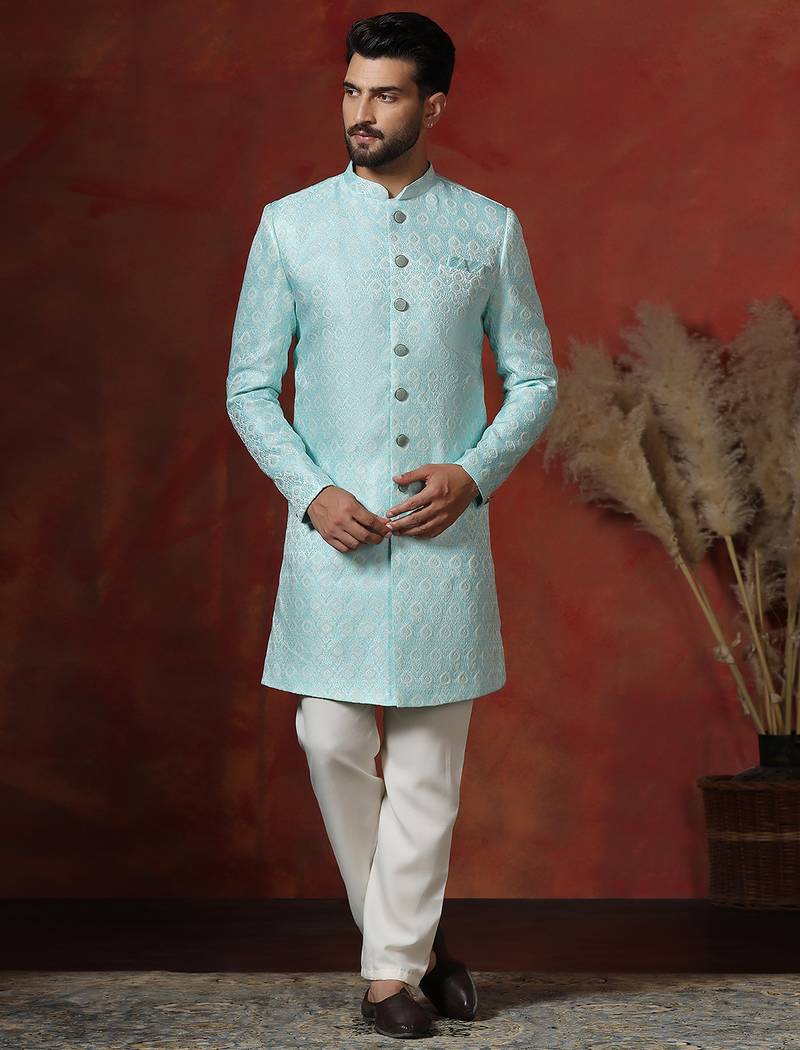 sky blue jacquard blend indo western and pyjama set for men with printed design
