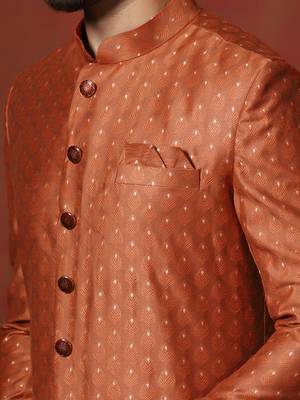 orange jacquard blend indo western and dhoti set for men with printed design 5
