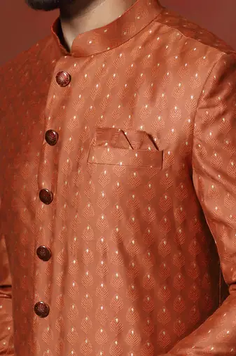orange jacquard blend indo western and dhoti set for men with printed design