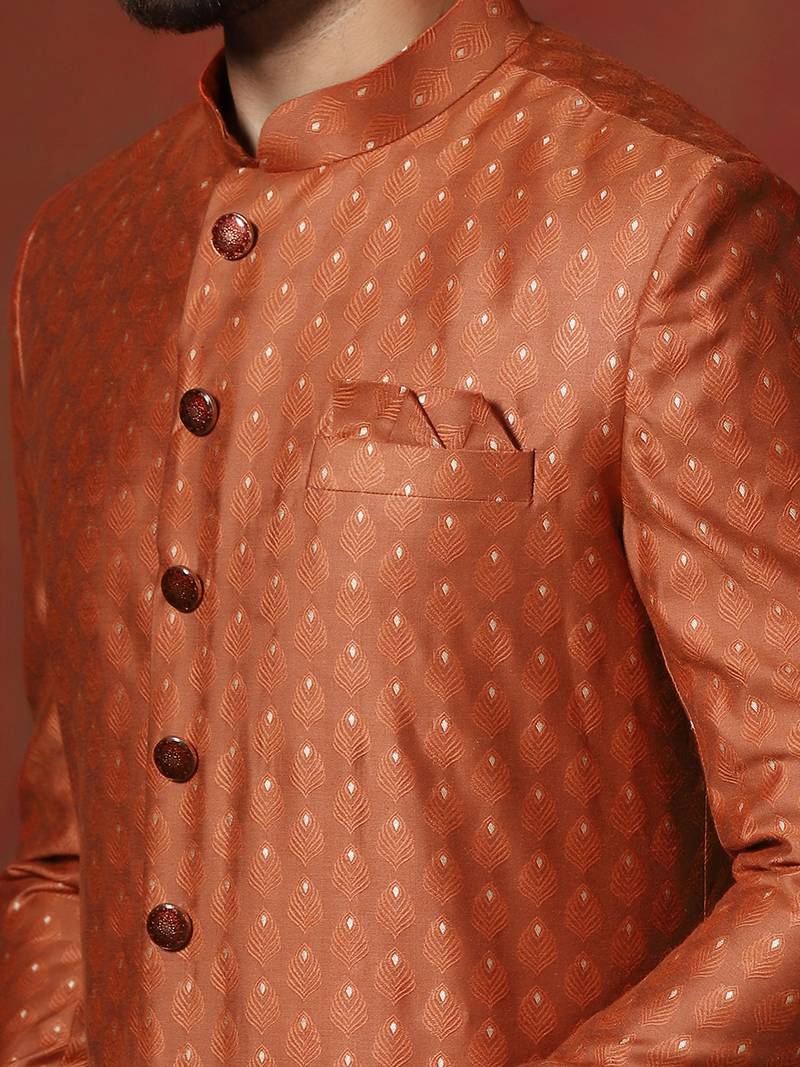orange jacquard blend indo western and dhoti set for men with printed design