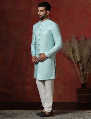 sky blue jacquard blend indo western and pyjama set for men with printed design 2