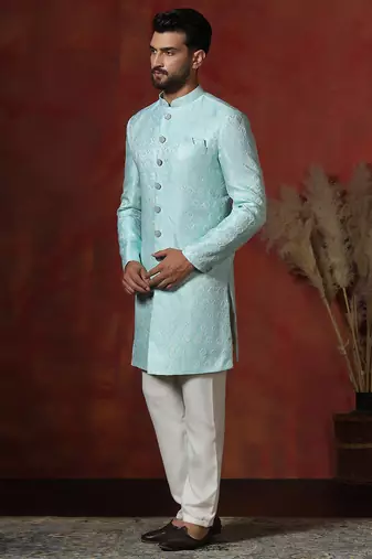 sky blue jacquard blend indo western and pyjama set for men with printed design