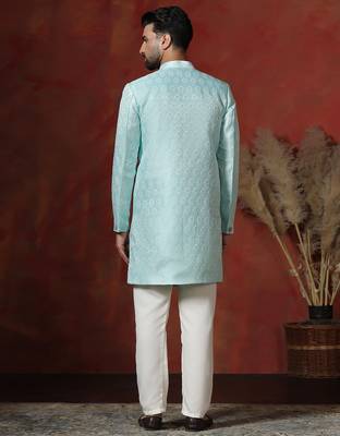 sky blue jacquard blend indo western and pyjama set for men with printed design 3